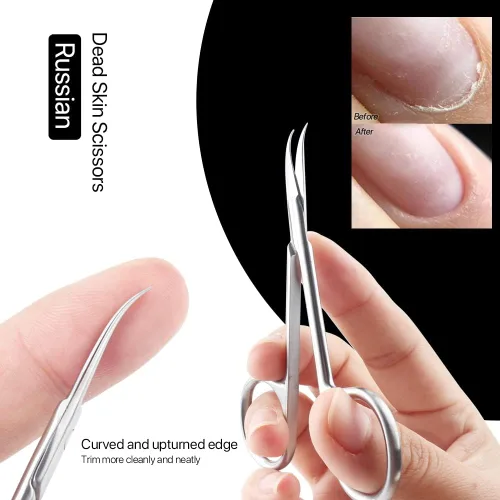 Miniatura 5 de Qunzhao Tijeras de cutícula para mujeres y hombres, curvadas de acero inoxidable con punta de aseo, cuchillas de manicura, uñas para piel seca (1)