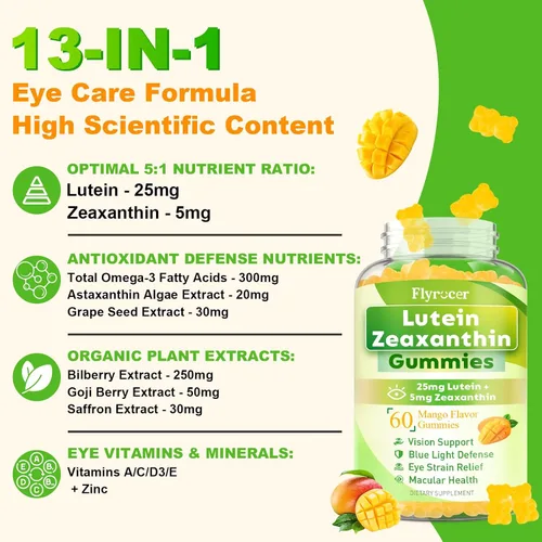 Miniatura 3 de Gomitas de luteína sin azúcar de 25 mg, suplementos de luteína y zeaxantina para la salud ocular, fórmula 13 en 1 para el cuidado de los ojos