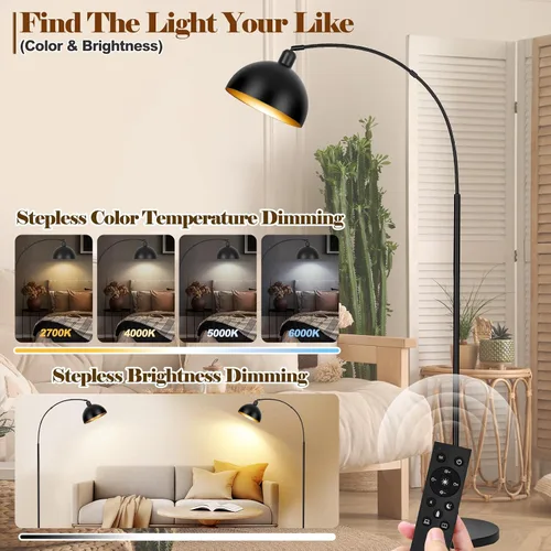 Miniatura 4 de 【Actualizado】 Lámparas de pie de arco negro para sala de estar - Lámpara de pie arqueada regulable con control remoto y bombilla LED de 9 W