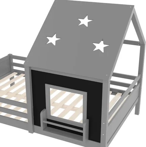 Miniatura 9 de Marco de cama de tamaño matrimonial para niños con escaleras, bonito techo y ventana en forma de estrella para niños y niñas, cama de plataforma