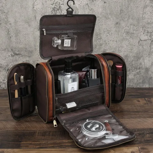Miniatura 2 de Neceser para hombres y mujeres con gancho para colgar, cuero de grano completo hecho a mano, kit de viaje vintage, bolsa de cosméticos de cuero