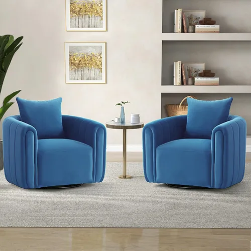 Miniatura 19 de ANJ Juego de 2 sillas giratorias de barril con almohada regordeta, silla decorativa de terciopelo holandés de canal moderno, cómodo sillón redondo