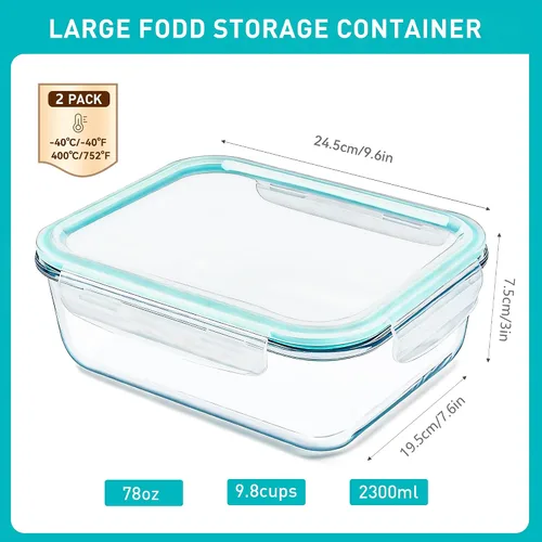 Miniatura 5 de Paquete de 2 recipientes grandes de vidrio de 78 onzas / 9.8 tazas con tapas, recipientes de preparación de comidas para hornear, servir, recipiente