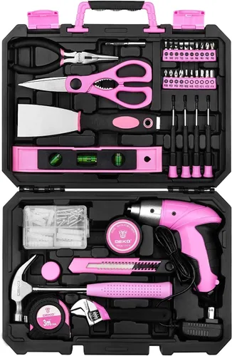 DEKOPRO Juego de herramientas rosa de 98 piezas, kit de herramientas de mano para el hogar general con caja de almacenamiento de caja de
