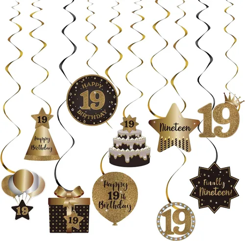 Decoración de techo de remolinos colgantes para fiesta de cumpleaños número 19, celebración, 19 remolinos colgantes de papel de aluminio con