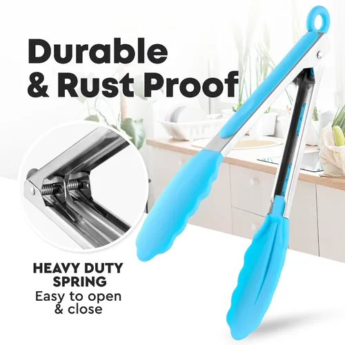 Miniatura 3 de Zulay Pinzas de cocina de acero inoxidable con puntas de silicona, juego de 2 pinzas de cocina con bloqueo (9 y 12 pulgadas) con agarre plata - azul