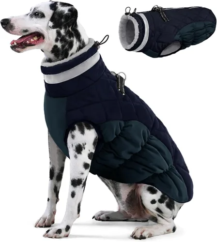 Miniatura 11 de AOFITEE Abrigo para perro, chaquetas cálidas para perros grandes, abrigo reflectante de cuello alto para perros con arnés integrado, impermeable