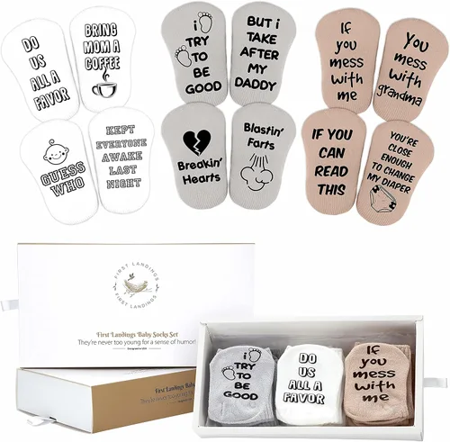 First Landings Juego de regalo de calcetines para bebé, 6 pares de calcetines para bebés con citas adorables, embalaje listo para regalo, color