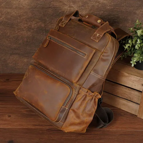 Miniatura 7 de TIDING - Mochila para portátil de cuero de grano completo de 15.6 pulgadas para hombre, mochila grande casual para viaje, estilo vintage, para fin