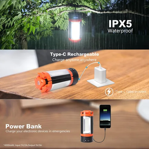 Miniatura 6 de Luces de campamento, linterna LED recargable portátil con 5 modos de iluminación, luz telescópica con luz de trabajo trípode, linterna desmontable