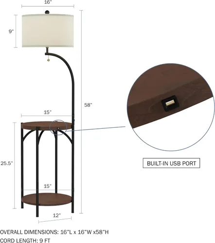 Miniatura 5 de Lámpara de pie con mesa auxiliar, estantes laterales rústicos modernos con puerto de carga USB, bombilla LED y pantalla en forma de tambor, luces