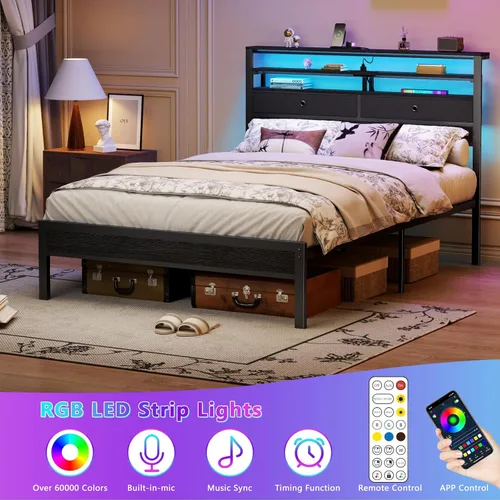 Miniatura 4 de Furnulem Full Size Bed Frame with Headboard, 3-Tier Storage Shelves & 2 Fabric Drawers, Built-in Charging Station & RGB LED Lights, Metal Slat
