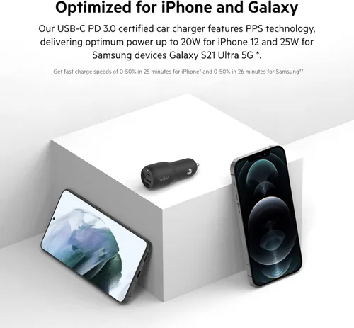 Miniatura 2 de Belkin Cargador rápido de auto de 37 W de doble puerto con cable USB-C de 3.3 pies incluido, puerto USB-C de 25 W PPS y puerto USB-A de 12 W