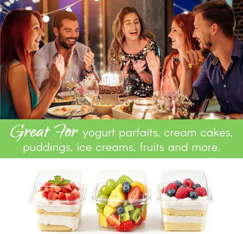 Miniatura 4 de Zezzxu 8 oz Square Dessert Cups with Lids and Spoons, 25 Sets Clear Plastic Cups with Dome Lids & Sporks for Yogurt Parfait, Fruit, Pudding, Cake