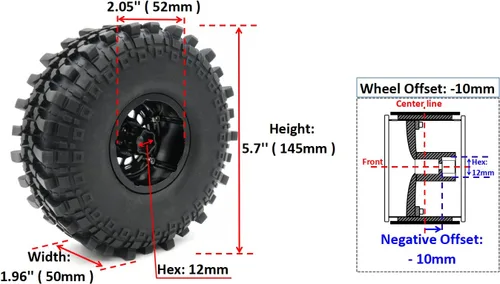 Miniatura 2 de HOBBYSOUL RC - Ruedas de metal 2.2 de compensación negativa de 0.394 pulgadas, llantas negras y neumáticos 2.2 de altura de 5.7 pulgadas/5.709 in