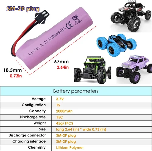 Miniatura 2 de 2PCS 3.7V 2000mAh SM-2P Plug Lithium Battery with USB Charging Cable suitable for DE68 DE44 DE45W DE45 DE58 DE49 DE57 DE70 Off-Road Vehicle Truck