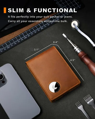 Miniatura 49 de Billetera AirTag para hombre, de piel auténtica plegable con bloqueo Rfid AirTag con ranuras para efectivo y ventana de identificación, compatible