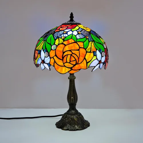 Miniatura 2 de Tiffany Style Stained Glass Table Lamp, Floral Pattern Desk Light with Antique Bronze Resin Base, Red Roses Decorative Lighting for Bedroom, Living