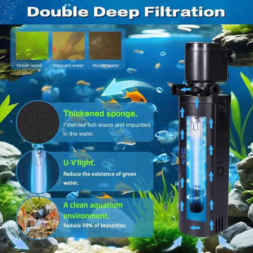 Miniatura 3 de Filtro de acuario U-V de doble cámara, filtro sumergible 4 en 1 para tanques de tortuga de 20 a 75 galones, máquina limpia verde ultra silenciosa