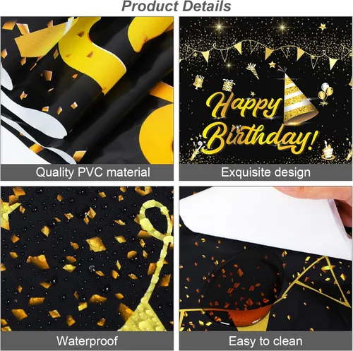 Miniatura 3 de durony Paquete de 2 manteles de cumpleaños, de plástico, color negro y dorado, impermeable, rectangular, para fiestas en interiores o exteriores