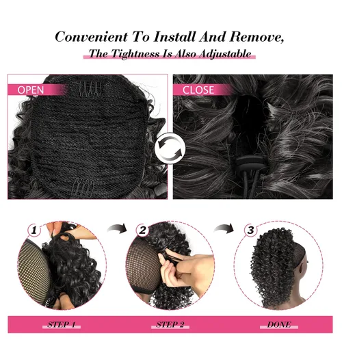 Miniatura 6 de Extensión de cola de caballo rizada profunda con cordón para mujeres negras, extensiones de cabello sintético con 2 clips, 14 pulgadas (1B)