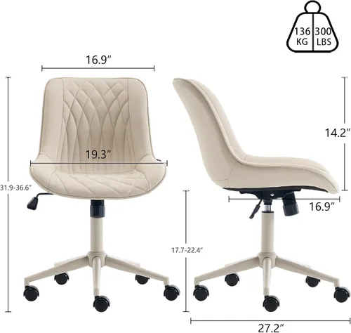 Miniatura 2 de YOUNIKE Silla de escritorio de oficina en casa con ruedas, silla de tocador sin brazos con respaldo cómoda y moderna tapizada de cuero, silla Crema