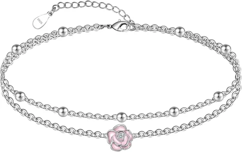 Miniatura 117 de CHIC & ARTSY Tobilleras delicadas de plata de ley S925 para verano, pulsera de tobillo ajustable multicapa para playa, joyería de pie para mujer