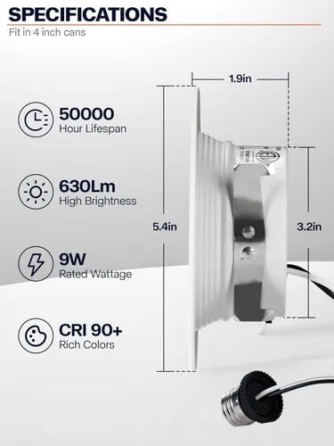Miniatura 2 de Paquete de 12 luces LED de 4 pulgadas para lata, iluminación empotrada 5CCT de 4 pulgadas, a seleccionar, 2700K-6000K regulable, 9W 630LM luces