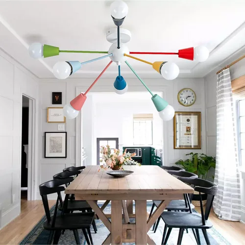 Miniatura 9 de Candelabro colorido, candelabro Sputnik moderno, 8 luces para niños con luces divertidas multicolor arcoíris para habitación de niños, sala