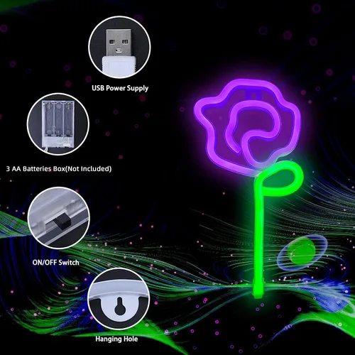 Miniatura 5 de ENUOLI Letrero de pared LED rosa neón con tallo verde para luz fría, arte de pared, decoración de dormitorio, accesorios para el hogar, fiesta