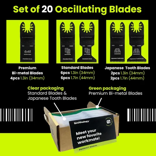 Miniatura 6 de Smithology - Juego de 20 hojas de sierra oscilantes multiherramienta, para metal y madera Cuts Metal, Wood, Nails and Drywall: 4 Bi-Metal, 4