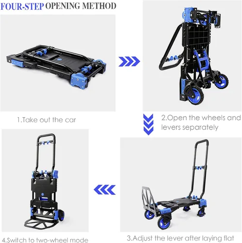Miniatura 4 de Carretilla de Mano Plegable de Servicio Pesado con Capacidad de Carga de 330 Libras, Carrito Convertible con Mango Retráctil y 4 Ruedas de Goma, Azul