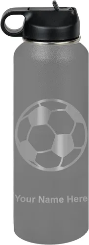 Miniatura 35 de LaserGram Botella de agua personalizada, pelota de fútbol, acero inoxidable de doble pared aislada al vacío con popote superior, regalo grabado