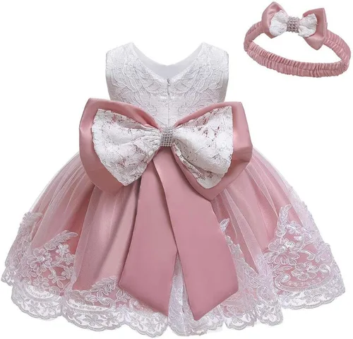 Miniatura 2 de Vestido de encaje y diadema formal con nudo de princesa y moño para niñas (color rojo sandía, 3-6 meses)