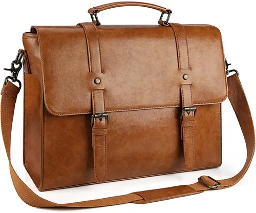 Miniatura 10 de Bolso bandolera de cuero para hombre, estilo vintage, de 15.6 pulgadas, impermeable, de cuero, para laptop, bolsa de hombro grande, bolsa de hombro