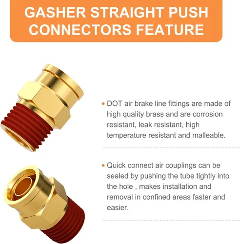 Miniatura 3 de GASHER 2 piezas de latón DOT Push to Connect Fittings, 1/4" NPT x 1/4" OD recto tubo de empuje de aire accesorios de línea de freno de aire