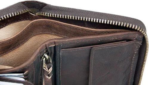 Miniatura 6 de FLW Cartera grande de piel auténtica engrasada con cremallera y tiburón marrón oscuro, Marrón oscuro, Cartera con cremallera