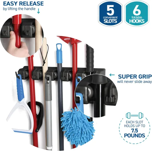 Miniatura 7 de Soporte de pared para fregona y escoba, organizador de almacenamiento de garaje con 5 ranuras, 6 ganchos, capacidad de 7.5 libras por ranura, hogar