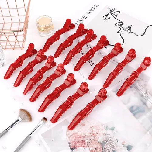 Miniatura 7 de Ondder 14 pinzas de pelo de cocodrilo grandes rojas para seccionar peinado, agarre fuerte profesional para cortar el cabello, 14 pinzas