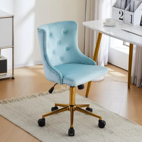 Miniatura 12 de VINGLI Silla de Escritorio de Terciopelo Azul Marino sin Brazos para Oficina en Casa con Base/Ruedas Doradas, Linda Silla de Tocador/Maquillaje