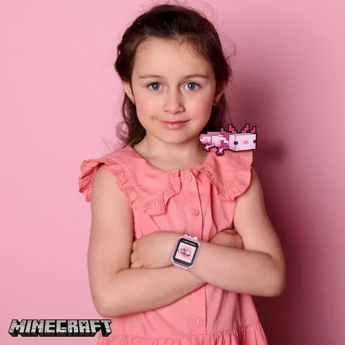 Miniatura 5 de Minecraft - Reloj inteligente para niños, diseño de ajolote rosa, 10 caras de reloj, contador de pasos, cámara selfie, calculadora