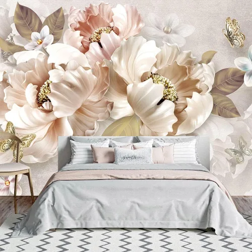 Miniatura 3 de Bormia Papel pintado floral 3D Peony Butterfly Mural de pared para sala de estar dormitorio (no despegar ni pegar)