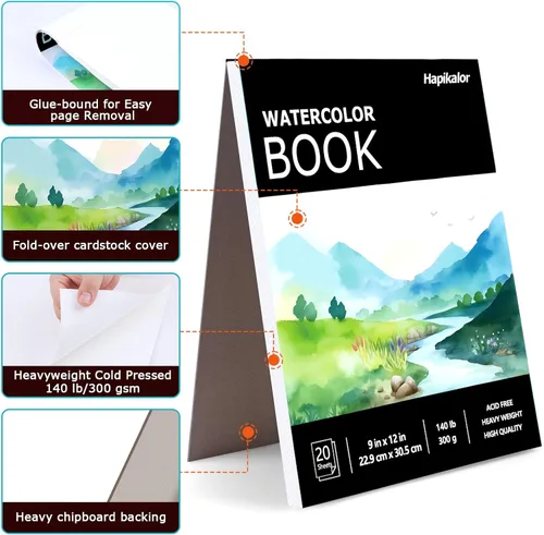 Miniatura 2 de Bloc de papel de acuarela, papel de acuarela de 9 x 12 pulgadas, libro de papel de dibujo de pintura de artista de 140 libras/10.58 oz/m²