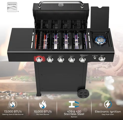 Miniatura 3 de Kenmore Parrilla de gas propano para barbacoa, 5 quemadores con quemador lateral y zona de sellado, parrilla de acero inoxidable de 644 pulgadas