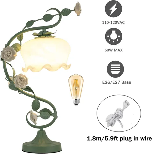 Miniatura 4 de TFCFL Lámpara de Mesa de Flor de Rosa para Dormitorio, Lámpara de Escritorio de Vidrio Manchado Elegante Lámpara de Mesa Enchufable Luz de Mesita