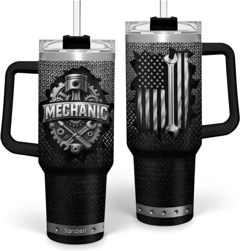 Miniatura 26 de SANDJEST Taza con bandera americana con asa, taza de café de acero inoxidable con aislamiento de 40 oz con tapa y pajita, regalos de América