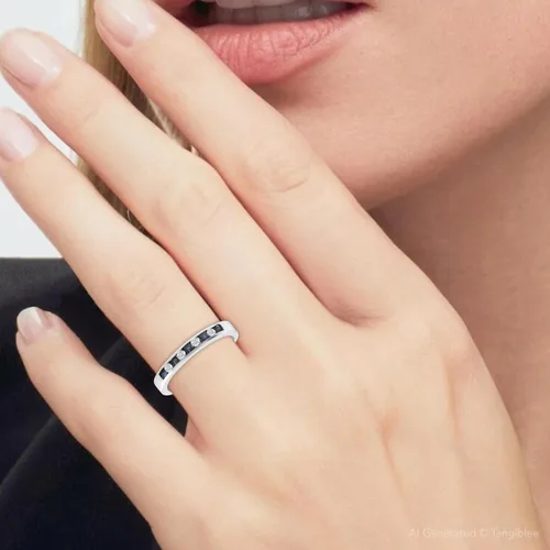 Miniatura 5 de Anillo de oro blanco de 14 quilates con zafiro y diamantes de talla princesa de 12 ct