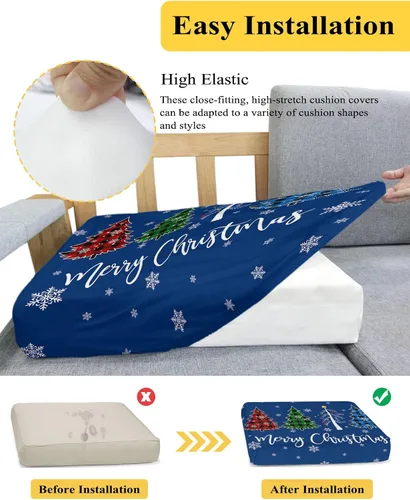 Miniatura 5 de Navy Blue Christmas Couch Cushion Covers, Stretch Sofa Cover with Elastic Bottom, Xmas Tree Winter Snowflake Sofa Slipcovers Protector Washable