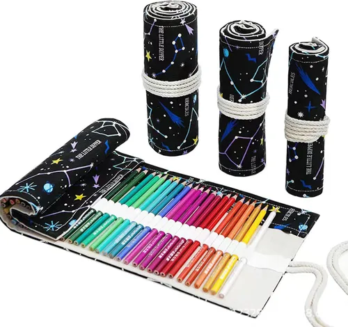 Maydahui Rollo de lona de colores para lápices de 24/48/72 ranuras para lápices de colorear, organizador de bolsa de almacenamiento portátil para