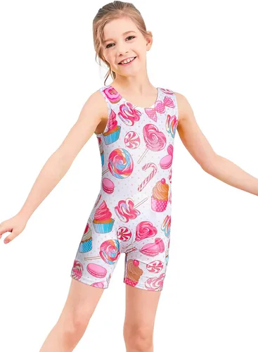 Miniatura 56 de HOZIY - Leotardos de gimnasia con pantalones cortos brillantes para niñas pequeñas; estampados de unicornio, aurora, arco iris, sirena, dinosaurio